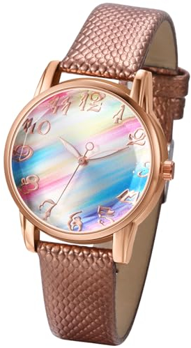 Silverora Damenuhren Bohemian Uhren Damen: Regenbogen Zifferblatt Analoge Quarzwerk Armbanduhren Meerjungfrauenfarben Uhr mit Glänzendes PU Lederarmband Geschenke für Frauen braun