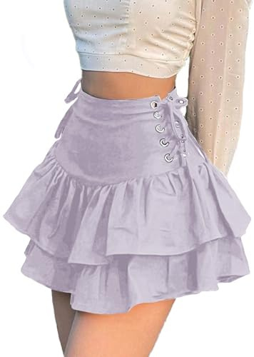 YINGWIN Gothic Solid Criss Cross Tie Up Mini Skirt High Waist Street Sexy Bandage Short Skirt Women Ruffle Tiered Pleated Skirt Purple