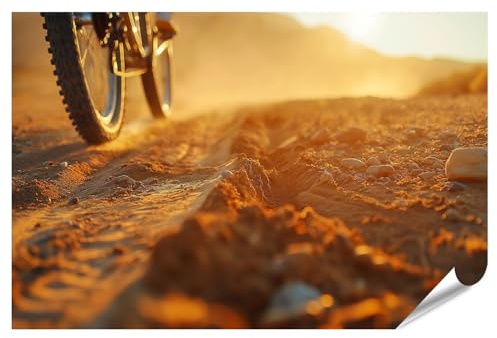 islandburner Prime Bild Poster Nahaufnahme MTB Reifen rollt über sandigen Pfad bei Sonnenuntergang Radsport Szene Premium Bilder Fotodruck