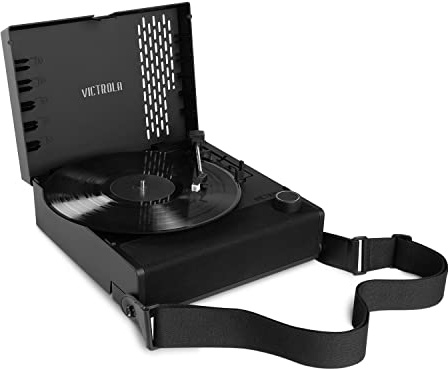 Victrola Revolution GO – Portabel vinylspelare, batteridriven Bluetooth-skivspelare, 12 timmars batteritid, 3 hastigheter remdriven skivspelare, RCA-utgång, 3,5 mm hörlursuttag (Svart)