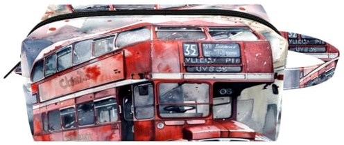 Reise-Kulturbeutel, Kosmetiktasche für Damen, Mikrofaser-Leder, Make-up-Tasche, Organizer mit Reißverschluss, Aquarell, roter Bus auf der Straße, multi, 8.2x3.1x3.5 in/21x8x9 cm, Kulturbeutel