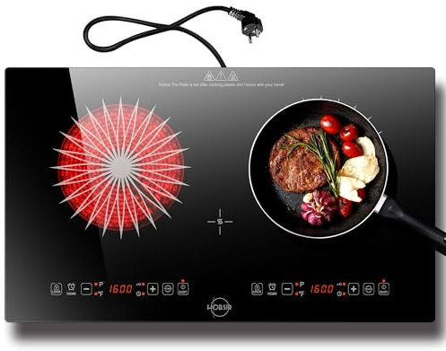 Hobsir Placa Vitrocerámica 2 Fuegos 30 cm, 3200 W Placa Vitroceramica Dos Fuegos Con Enchufe, Control Táctil, Horizontal Independiente, Cierre De Seguridad, Integrada O Portátil