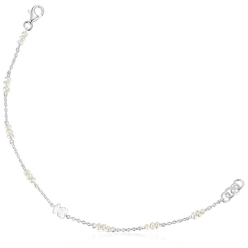 TOUS Pulsera de Plata de Primera Ley para Mujer con Oso de 6mm y Perlas, 17,5 cm de Largo y Cierre Mosquetón, Colección Sweet Dolls