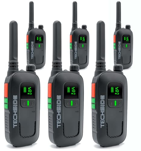 Techside TS-T2 Ricetrasmittente Professionale Walkie Talkie 16 Canali PMR446 (Libero Uso) | Vox a 5 Livelli | Scansione Automatica Canali | Auricolare e Caricatore USB Full Optional | Set 6 Pezzi