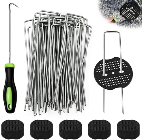 Unkrautvlies Haken, Unkrautvlies Erdanke mit 50 Stück Erdhaken (150 x 40mm) und 50 Stück Unterlegscheiben und Nagelhaken, Anti Rost Verzinkte U-Förmige Erdnägel für Gartenvlies Zaun Camping Reisen