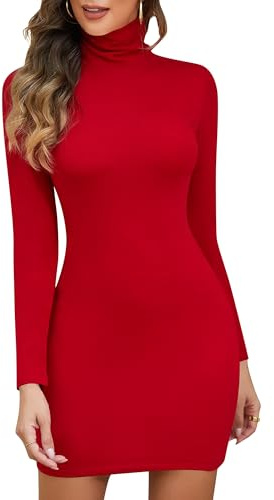 SHAPERIN Vestito Maglione Donna Maniche Lunghe Abito Collo Alto Mini Abiti Aderente Vestiti Tubino Inverno Rosso L