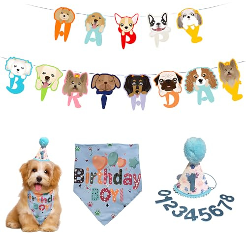 LZPLJLWS Hund Geburtstag Set Blau Komplettset Partyhut Banner Halstuch Zahlendekoration für Hunde Geburtstag Party Dekoration Geschenk