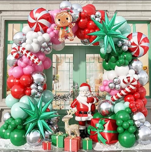 Weihnachtsballonbogen-Set, 153-teilig, Weihnachtsfeier-Dekorationen, Ballon-Girlande, rot-grüne und weiße Latex-Luftballons, Lebkuchenmann, Windmühle, Zuckerstange, Folienballon für Weihnachten