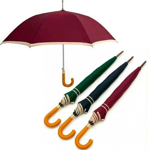 081 Store - 3 PEZZI Ombrello Pioggia Grande Antivento e Automatico, Diametro 115cm, Tessuto Resistente e Manico in Legno