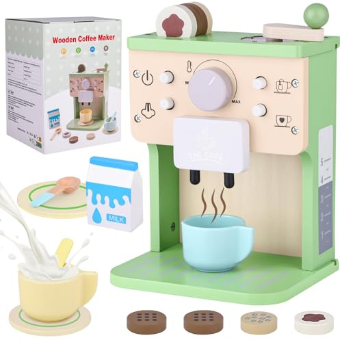 Cafetera Madera Juguete, una Cafetera Juguete Realista con Sonido y Botones, Juego de 12 Piezas para Juego de rol en la Cocina, Adecuada para Niños y Niñas de 3 Años en Adelante