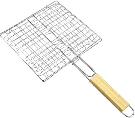 Cesta Para Parrilla De Pescado Para Barbacoa, Herramienta Para Con Alambre De Alta Temperatura | Parrilla Con Asas De Madera De 42 X 23 Cm, Accesorio Para Cocinar Verduras Y Camarones, Cesta De B