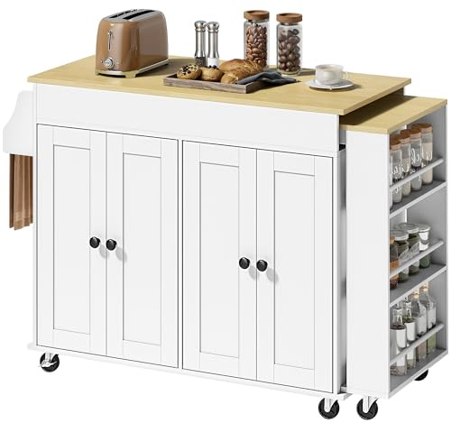 HOMCOM Isla de Cocina con Ruedas, Encimera Extensible, 4 Puertas, Blanco | Carro de Cocina, Estantes Ajustables, Estantería Lateral Abierta, Especiero, Soporte para Toallas, para Comedor