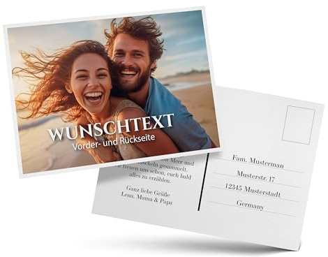Ausgewählt verpackt Personalisierte Postkarten Querformat DIN A6 – Postkarte mit Foto und Wunschtext gestalten – 350 g Offsetpapier – Vorder- und Rückseite bedruckt – Grußkarten personalisiert