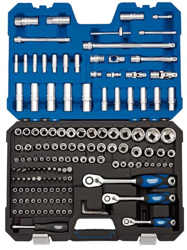 Draper 149 Piece Metric Socket And Socket Bit Set - 1/4, 3/8 And 1/2 Sq. Dr. - 16461 - Chrome Vanadium Steel - Blue - ‎Satin Finish