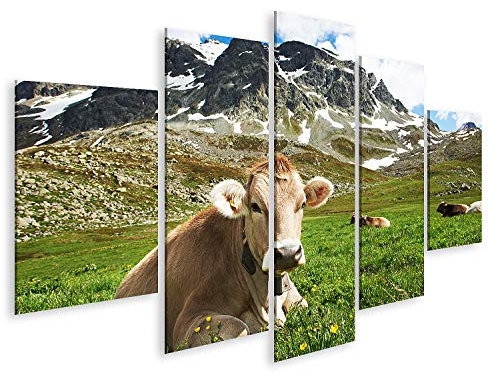 islandburner Cuadro en Lienzo Vaca lechera con Pasto en Suiza Montañas Alpinas Pasto de Hierba Verde sobre el Cielo Azul Cuadros Modernos Decoracion Impresión Salon