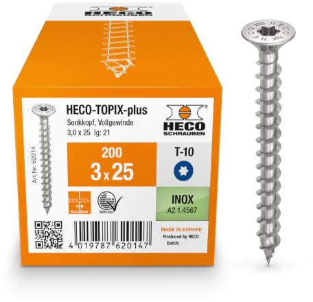 HECO-TOPIX-plus Holzschraube 3 x 25, Senkkopf mit Frästaschen, T-Drive, T-10, variables Vollgewinde, Edelstahl A2, 200 Stück