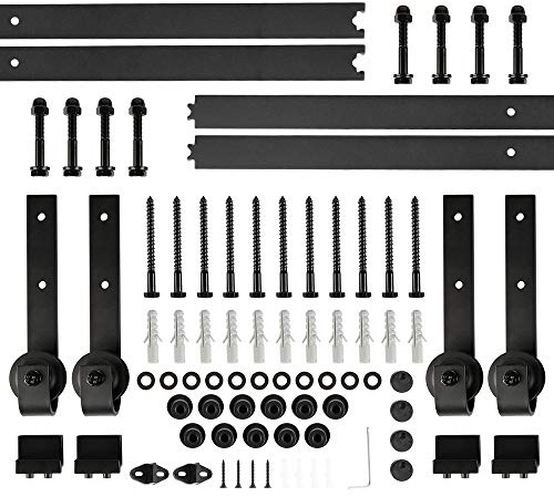 XUANYU 366 cm/12 FT Robustes Doppelschiebetür Komplettset aus Kohlenstoffstahl Schiebetürbeschlag ohne Tür Schiene Laufschienen mit 4 Rollen für Doppeltür Scheunentor, Küchentür (Schwarz Klassisch)