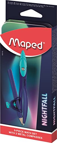 Maped Mathset Zirkel Nightfall – Ringzirkel + Zirkel – Mini-Zeichenset + Spitzer + Radiergummi + mehrfarbiger Bleistift
