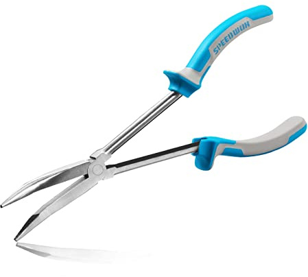SPEEDWOX Long Reach Bent Nose Pliers 11 Inches 30 Degree Precision Fine Pliers for Mechanics Technicians Contractors High Leverage Professional Tool Non-Slip TPR Handle Serrated Jaws
