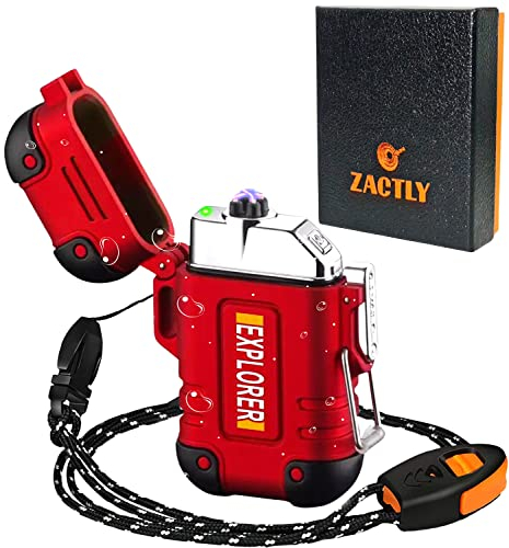 Zactly Modèle AL03 Briquet électrique USB à double arc multifonction, étanche, coupe-vent, anti-poussière, rechargeable, outil de survie pour la cuisine, le camping et l'extérieur (rouge)