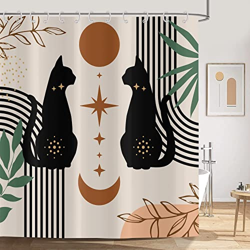 ASDCXZ Duschvorhang 180x200 cm Boho Style, Modern Abstrakt Kunst Boho Katze Tag Monat Bad Waschbar Duschvorhänge Polyester Textil Wasserdicht Duschvorhang für Badewanne mit 12 Haken