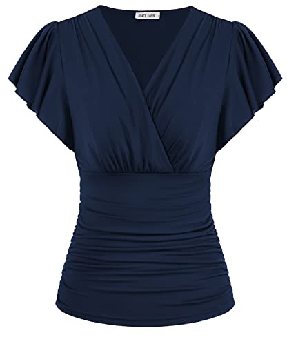 GRACE KARIN Damen V-Ausschnitt Sexy Oberteile Hohe Taillen Wickelbluse Sommer Rüschenärmel Top Dunkelblau M