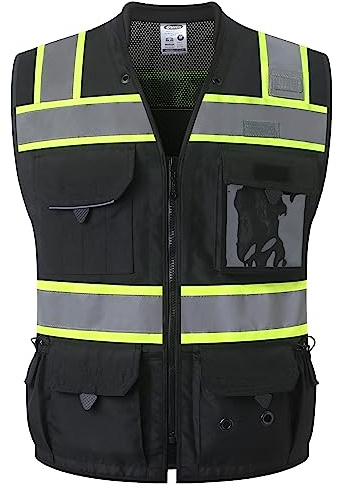 JKSafety Hi-Vis Black Surveyor Safety Vest for Men Women High Visibility Reflective Construction Work Vest Mesh Cushioned Collar Heavy Duty PPE Inner Pockets ANSI/ISEA Compliant(188-Black XXL)