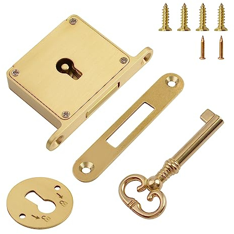 UFURMATE 1 Packung gebürstetes goldenes Schrankschloss-Set mit Schlüssel Retro Schreibtischschublade Federschloss dekoratives antikes Messingschloss für Schublade, Schrank (mittleres Schlüsselloch)