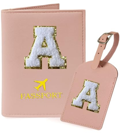 COSHAYSOO Pink Passport Cover Book Holder Travel Luggage Tag Set for Women Teen Girls with Initial Monogram Letter, Cute Airplane Essentials Personalized Cruise Accessories Trip Favor Gifts A