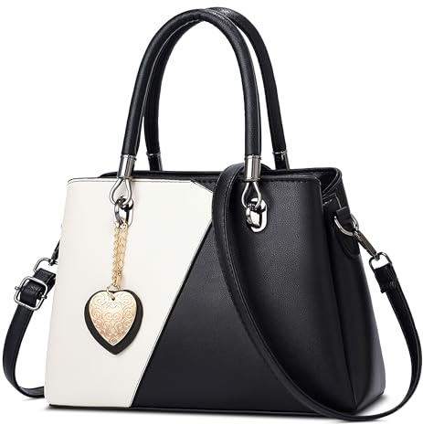 FOLOVEYA Handtasche Damen mittelgroß Henkeltasche PU Leder Umhängetasche | Damenhandtasche mit Herzanhänger, zweifarbigem Design und verstellbarem Schultergurt für Büro, Shopping, Reisen und Alltag