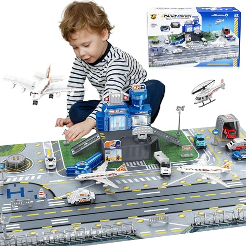 Ensemble de jouets en avion avec camions, hélicoptères, avions, panneaux et tapis de jeu d'aéroport, jouets interactifs d'apprentissage précoce pour tout-petits garçons et filles, excellent cadeau