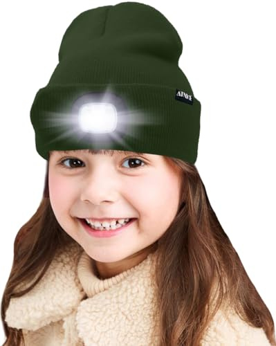 ATNKE Barn LED-upplyst mössa med ljus, USB uppladdningsbar 4 LED-strålkastare vattentät vintervärmare stickade natthattar med lätta pojkar flickor, Mörk armégrön, One size