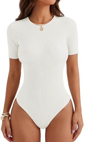 MEROKEETY Women's Short Sleeve Crewneck Bodysuits Summer Ribbed Knit Tops Slim Fit Body Suit White L