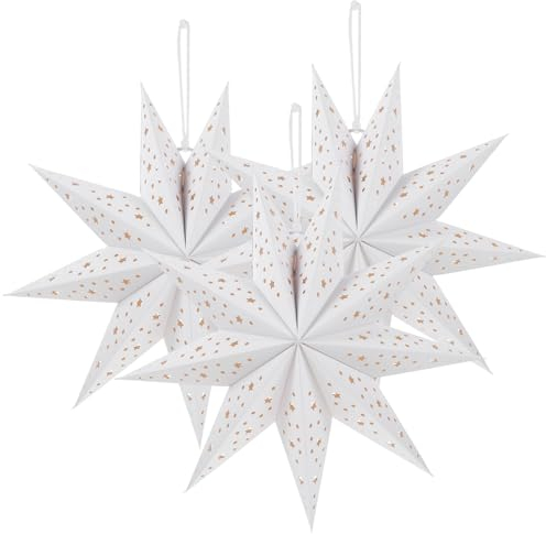 CALLARON 3 Stück Weihnachten Stern Lampenschirm Papierstern Laterne 9-zackiger Papierstern zum Aufhängen Dekorativer Papierlampenschirm Weihnachts-Laterne in Weiß für Weihnachten, Hochzeit