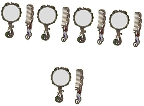 KOHARA 5 Sets Retro-Handspiegel, Vintage-Kosmetikspiegel, Haarkamm, Geschenk, ovaler Kosmetikspiegel, Retro-Make-up-Spiegel, antiker Haarkamm, Bürste, Metall-Miss-tragbarer dekorativer