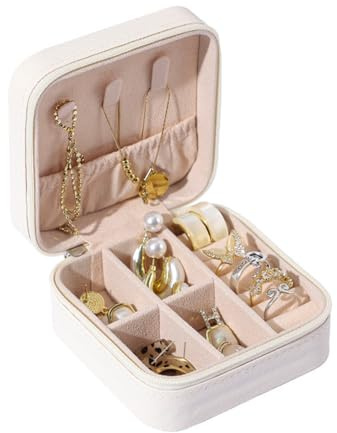 Dishaur Small White Travel Jewellery Box for Women Girls | Mini Portable Jewelry Box Organiser, PU Leather Jewellery Case Holder
