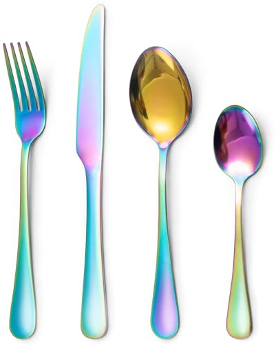 LAZAHOME 24 Piece Silverware Set for 6 People, Stainless Steel Camping Cutlery,Rainbow Cutlery Set with Spoon Knife and Fork,Mixed Flatware Sets,Dishwasher Safe,Easy Clean, Mirror Polished
