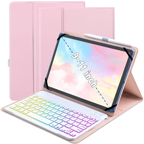 XCHYTECHER Universal Tablet Keyboard Case for 9.7,10.1,10.2,10.5,10.9,11 iPad Samsung Fire Pixel Android 10.1 inch Tablets, 7 Color Rainbow Backlit Removable Keypad with Pen Holder (Pink)
