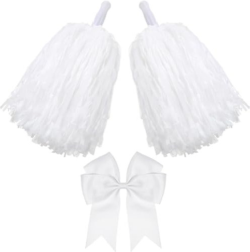 Cheerleader-Pompons und große Cheerleader-Haarschleife für Mädchen, Cheerleader-Zubehör für Sportveranstaltungen, Tanzparty, Basketball, Fußball, Tanz, Sport, Teamgeist, Weiß, 3 Stück