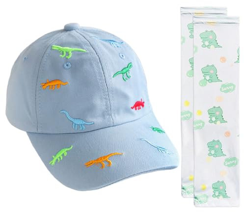 1 Berretto da Baseball con Dinosauro, 1 Paio di Maniche di Ghiaccio con Dinosauro, Cappello da Sole per Bambini, Tuta Protettiva Solare per Esterni per Ragazzi E Ragazze