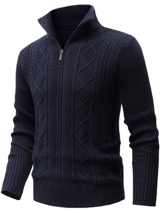 MeiLayM Suéter para Hombre con Cuello Alto con Cremallera Caliente Suéter Casual Cálido Clásico con Cremallera Suéter Jersey de Punto Fino Pulóver Azul,M