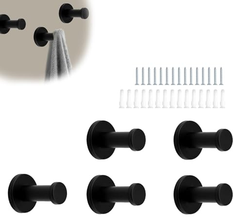 PARFCO Kleiderhaken, 5 Stück Kleiderhaken Schwarz, Handtuchhaken mit Schrauben und Verlängerungsrohren, Zylindrische Wandhaken für Küche, Bad und Schlafzimmer