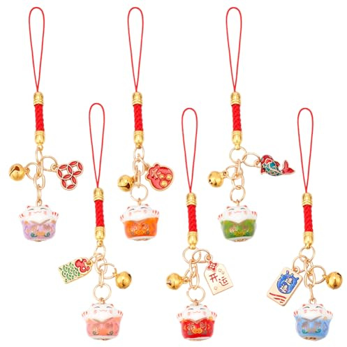 WEBEEDY 6 Farben Glückskatze Schlüsselanhänger Telefon Charms Maneki Neko Katze mit Glocke Anhänger Charme für Handtasche Decor(11cm)