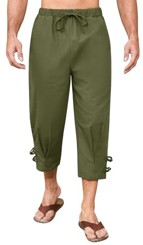 FemiChic Herrbyxor 3/4 linne och bomull sommar ledig, lätta capribyxor med stretchbälte och fickor sommarbyxor, Grön, XL