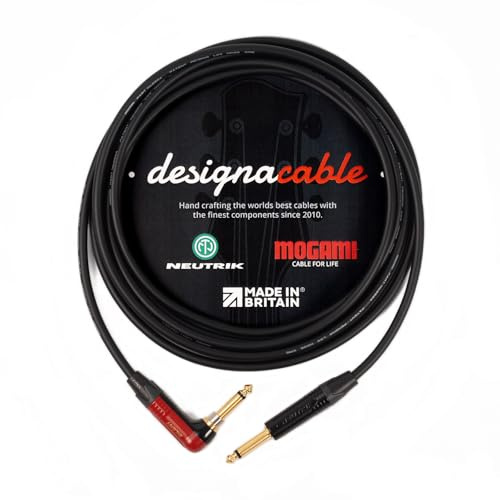 designacable.com 4m - Silent Right Angled to Straight Black Jack Guitar Cable - Handmade in the UK using Mogami GOLD 2524 Guitar Cable & Neutrik NP2RXAU & NP2X-B Jacks.