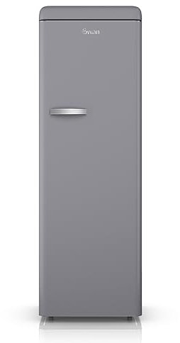 SWAN SR11050GRNE Retro Tall Larder Fridge with 337L Capacity, 5 Glass Fridge Shelves, 1 Chrome Wine Rack, 6 Door Shelves, 1 Salad Crisper, Energy Class E, Grey