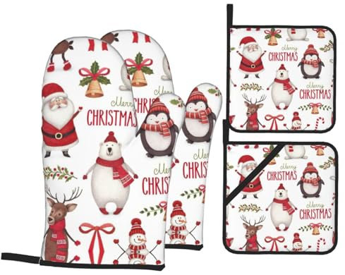 Guanti da forno e presine con Babbo Natale, 4 pezzi, resistenti al calore, ideali come regalo per cucinare
