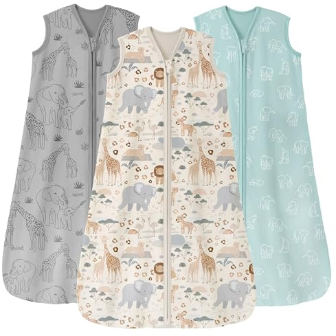 Unnivoll 3er Pack Schlafsack Baby Sommer 0.5 Tog 100% Baumwolle Sommerschlafsack Babyschlafsack 12-18 monate 84 cm für Jungen Mädchen Kinder Aprikose Grau Grün Elefant