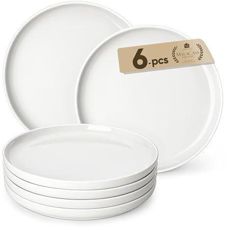 MALACASA 6 Piezas Platos Postre Porcelana, 21CM Blanca Platos Vajilla para Ensalada, Tarta, Pasta, Pastel Apto para Microondas y Lavavajillas - Serie LEAH