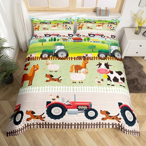 Homemissing Tracteur Parure de Lit garçon Tout - Petit Mignon Dessin animé Ferme Animaux Housse de Couette 220x240cm Fille Ferme pour Enfants Country Cottage Ensemble de literie